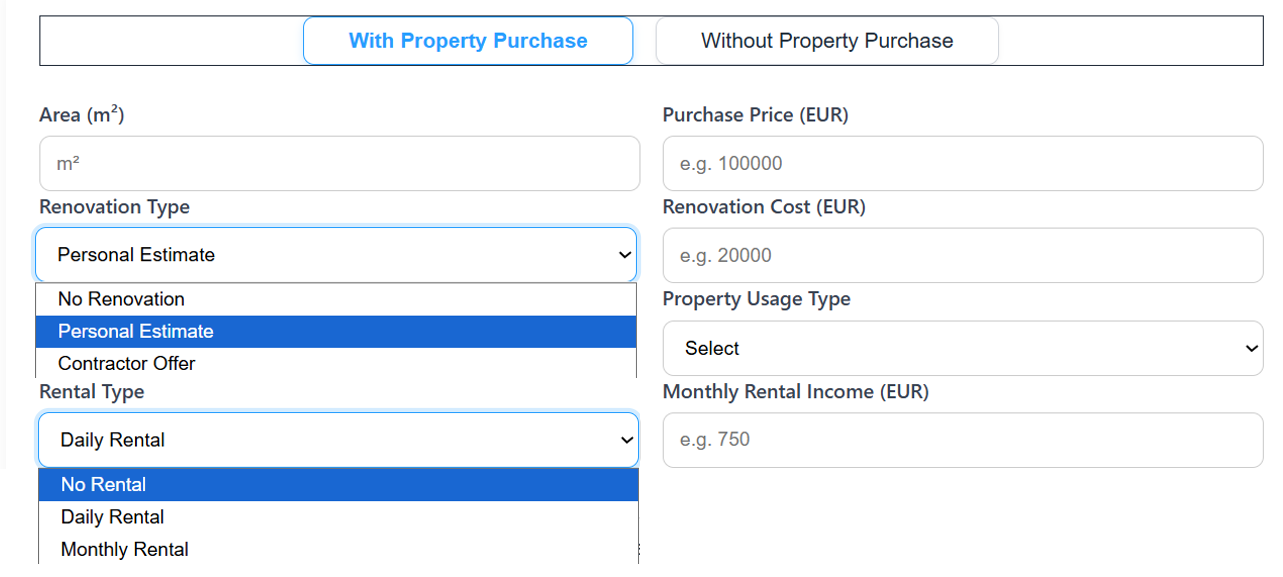 Price & Inputs (area, investment style, rental, renovation).